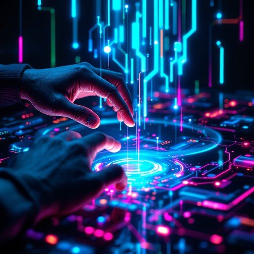 Team member interacting with a holographic AI interface